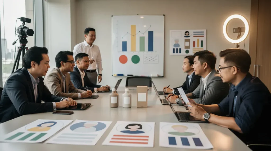 A professional meeting scene in Metro Manila showcases Filipino marketing professionals discussing influencer marketing strategies. The setting includes a camera, ring light, and abstract creator profile cards, with plain product samples, creating a warm and collaborative atmosphere focused on social media marketing and influencer campaigns.