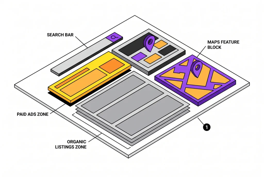 The same results page holds two separate games: paid ads bought for visibility and organic listings earned through SEO.
